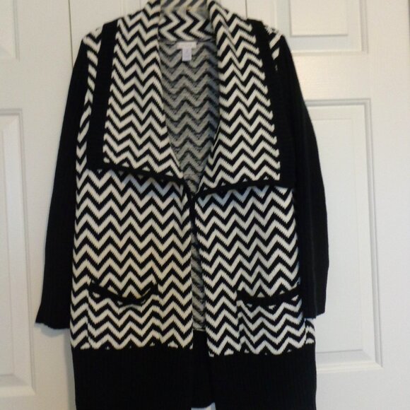 CHICO'S Open‎ Front Cardigan Black White Chevron Pockets Cotton Sweater Sz 2 (M) - Picture 1 of 6